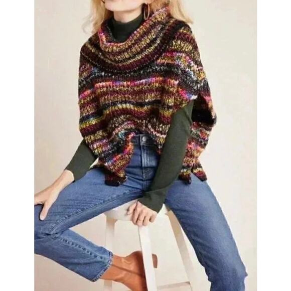 🌴 Anthro Piera Poncho Turtleneck Rainbow Striped Knit Sweater, EUC, Size XS/S - Picture 5 of 10